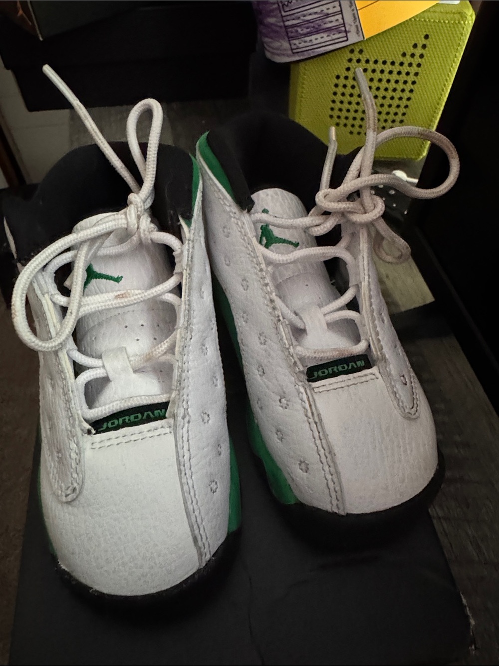 Jordan Kids White and Green Retro Basketball Sneakers